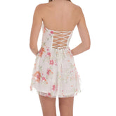 White Strapless Sequin Floral Embroidery Lace Up Mini Dress